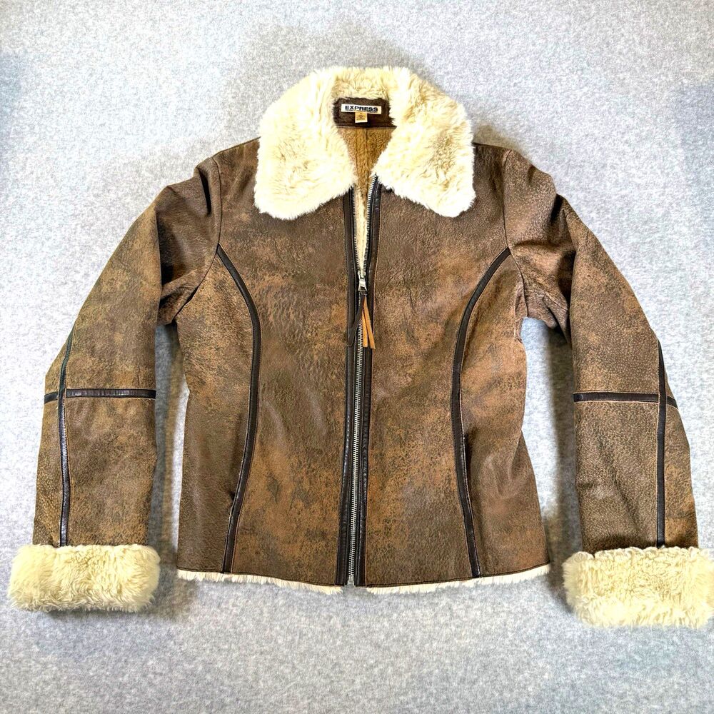 VTG Express Leather Jacket Brown Faux Fur Trim Lined Aviator Bomber 10 Y2K